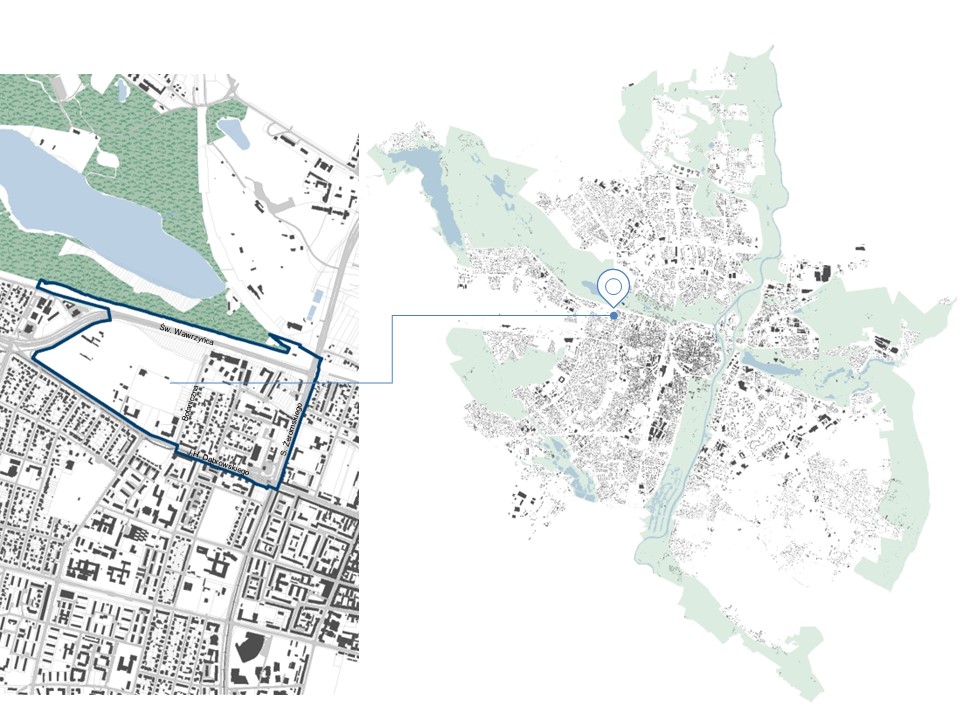 mapa Poznania. Kolorem niebieskim zaznaczona graca planu