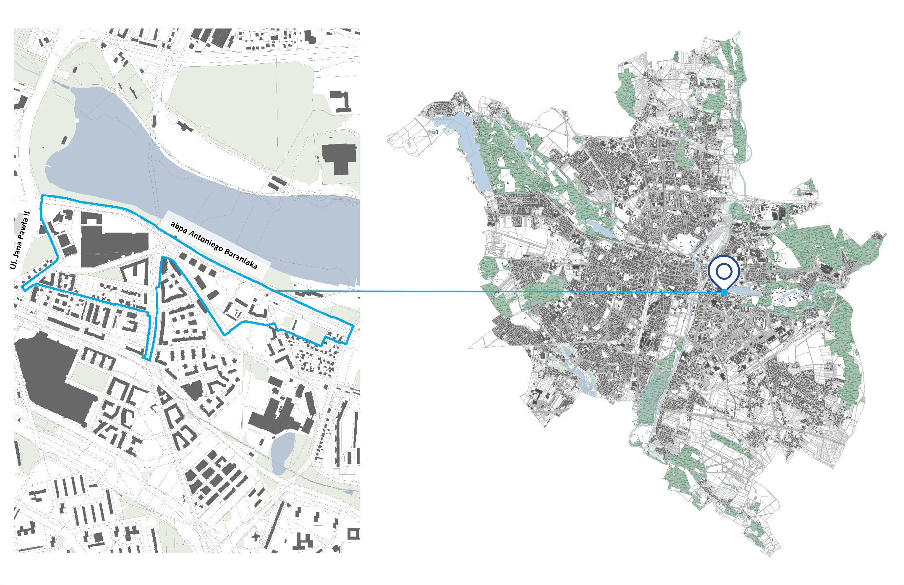 Mapa z zaznaczonym obszarem