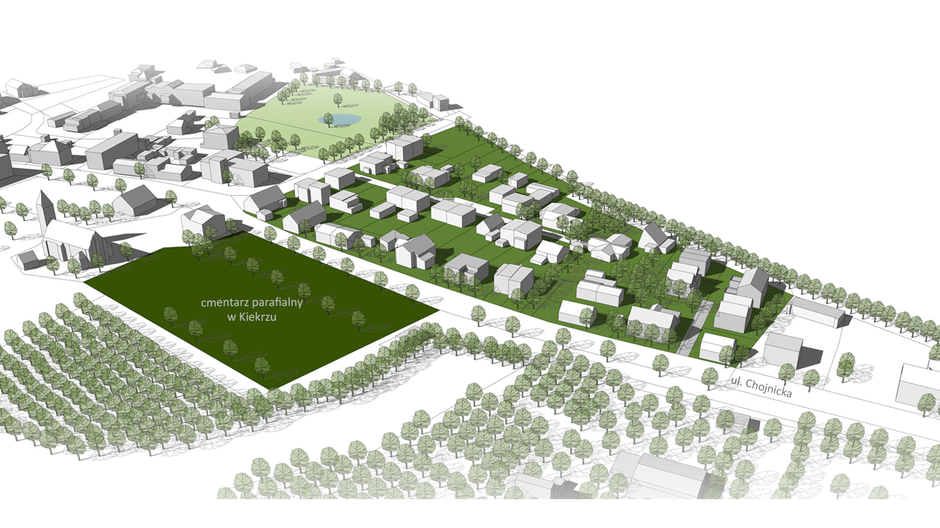 model 3D. Wizualizacja przedstawia bryły istniejącej i projektowanej zabudowy. Kolorem zielonym podkreślono tereny zieleni i drzewa. - grafika artykułu