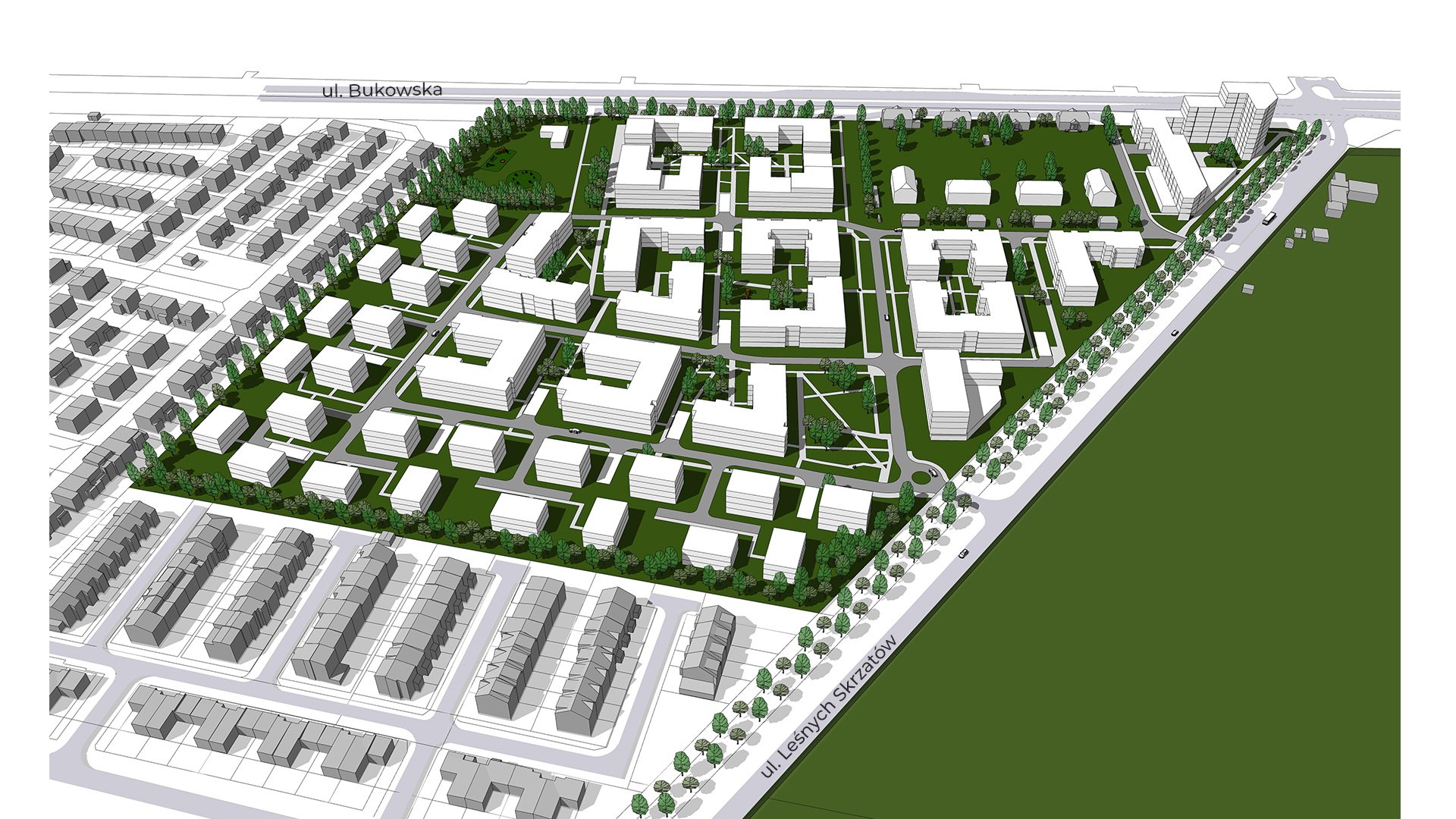 model 3D. Wizualizacja przedstawia widok z góry. Bryły istniejącej i projektowanej zabudowy. Kolorem zielonym podkreślono tereny zieleni i drzewa. - grafika artykułu