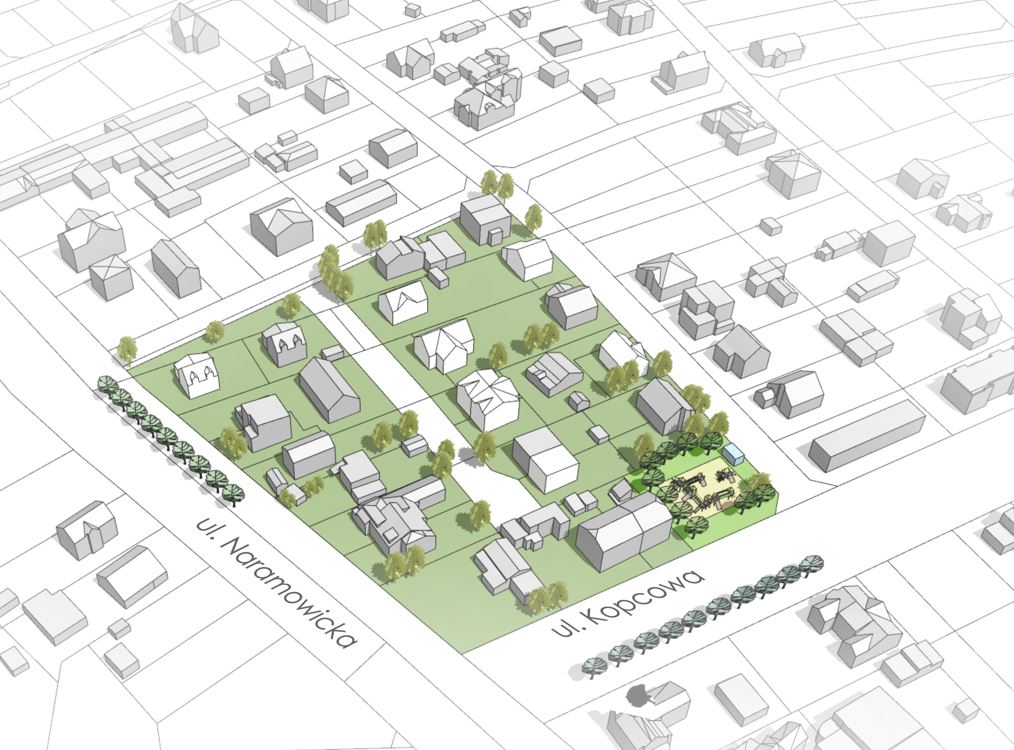 model 3D. Wizualizacja przedstawia bryły istniejącej i projektowanej zabudowy. Kolorem zielonym podkreślono tereny zieleni i drzewa. - grafika artykułu