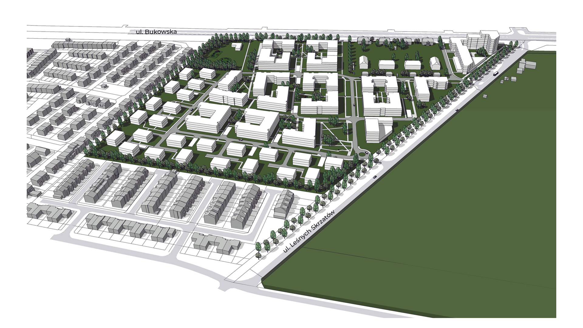 model 3D. Wizualizacja przedstawia widok z góry. Bryły istniejącej i projektowanej zabudowy. Kolorem zielonym podkreślono tereny zieleni i drzewa. - grafika artykułu