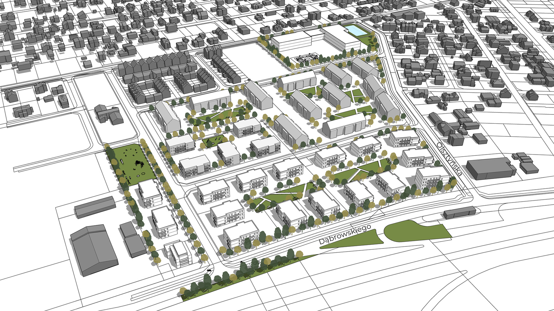 model 3D. Wizualizacja przedstawia widok z góry. Bryły istniejącej i projektowanej zabudowy. Kolorem zielonym podkreślono tereny zieleni i drzewa. - grafika artykułu