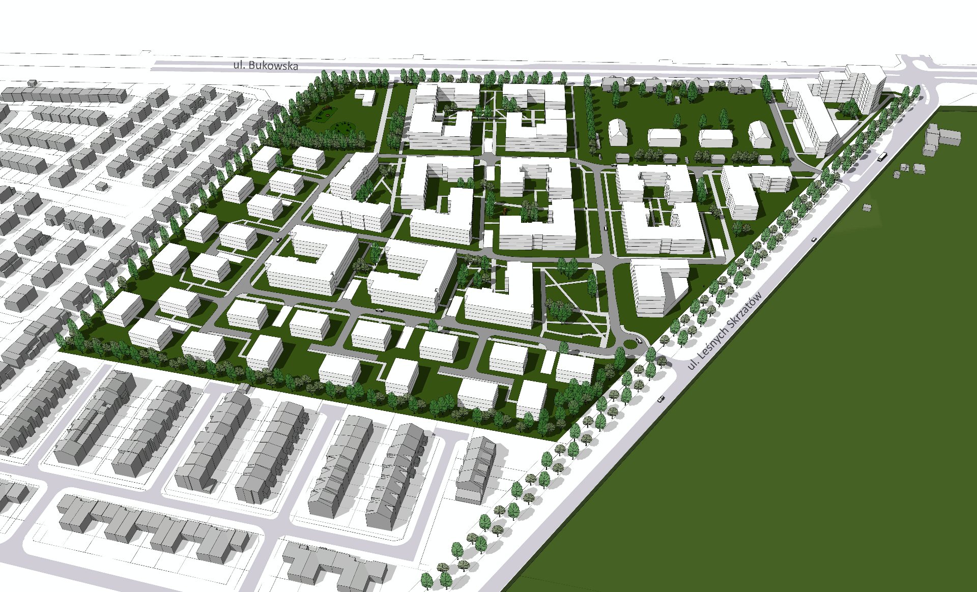 model 3D. Wizualizacja przedstawia widok z góry. Bryły istniejącej i projektowanej zabudowy. Kolorem zielonym podkreślono tereny zieleni i drzewa. - grafika artykułu