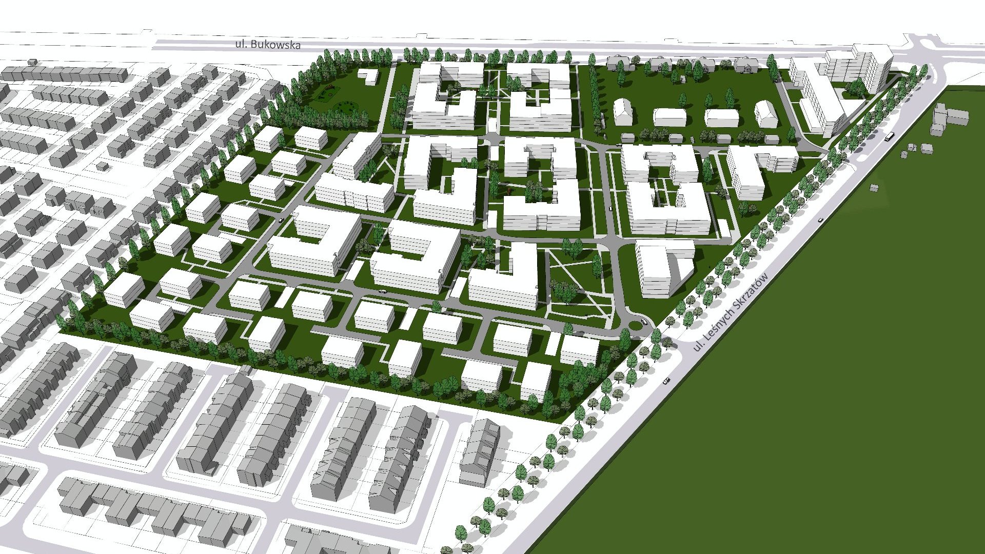 model 3D. Wizualizacja przedstawia widok z góry. Bryły istniejącej i projektowanej zabudowy. Kolorem zielonym podkreślono tereny zieleni i drzewa.