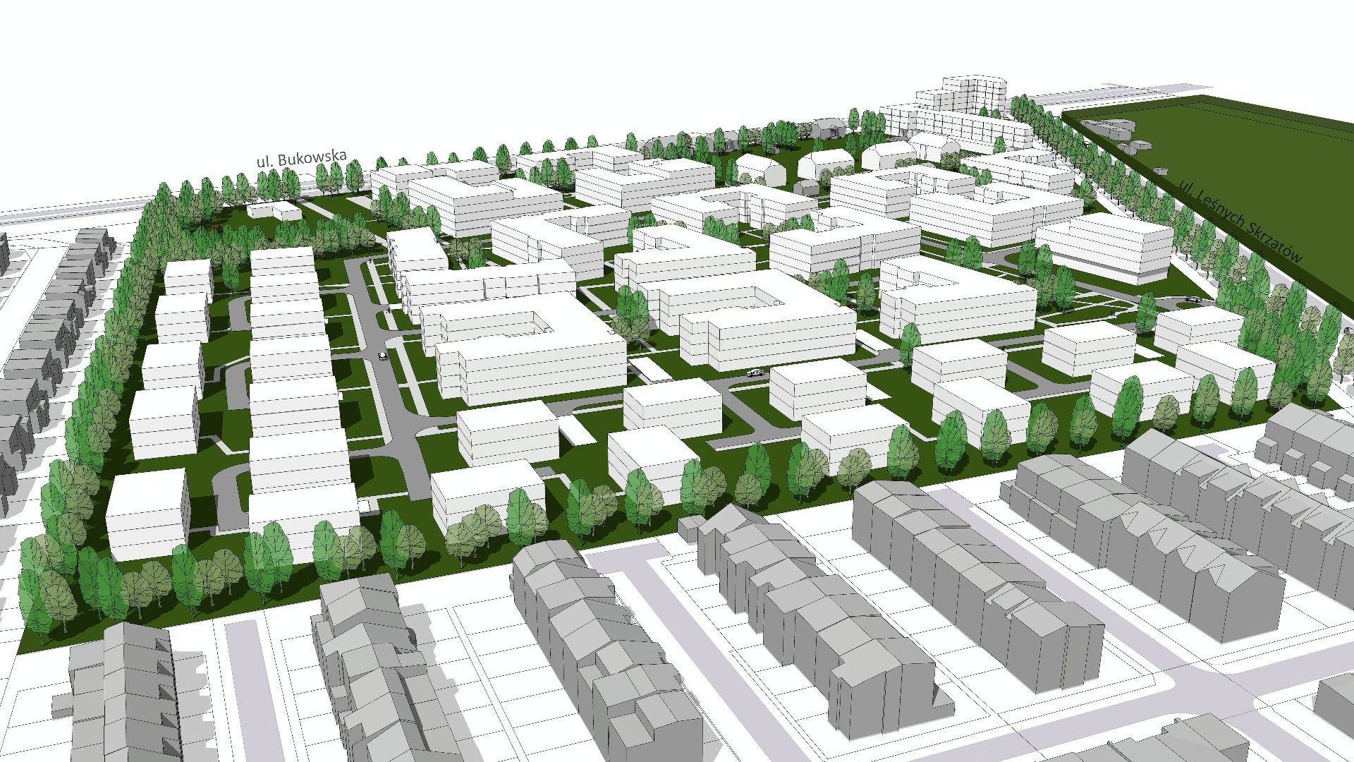 model 3D. Wizualizacja przedstawia widok z góry. Bryły istniejącej i projektowanej zabudowy. Kolorem zielonym podkreślono tereny zieleni i drzewa.