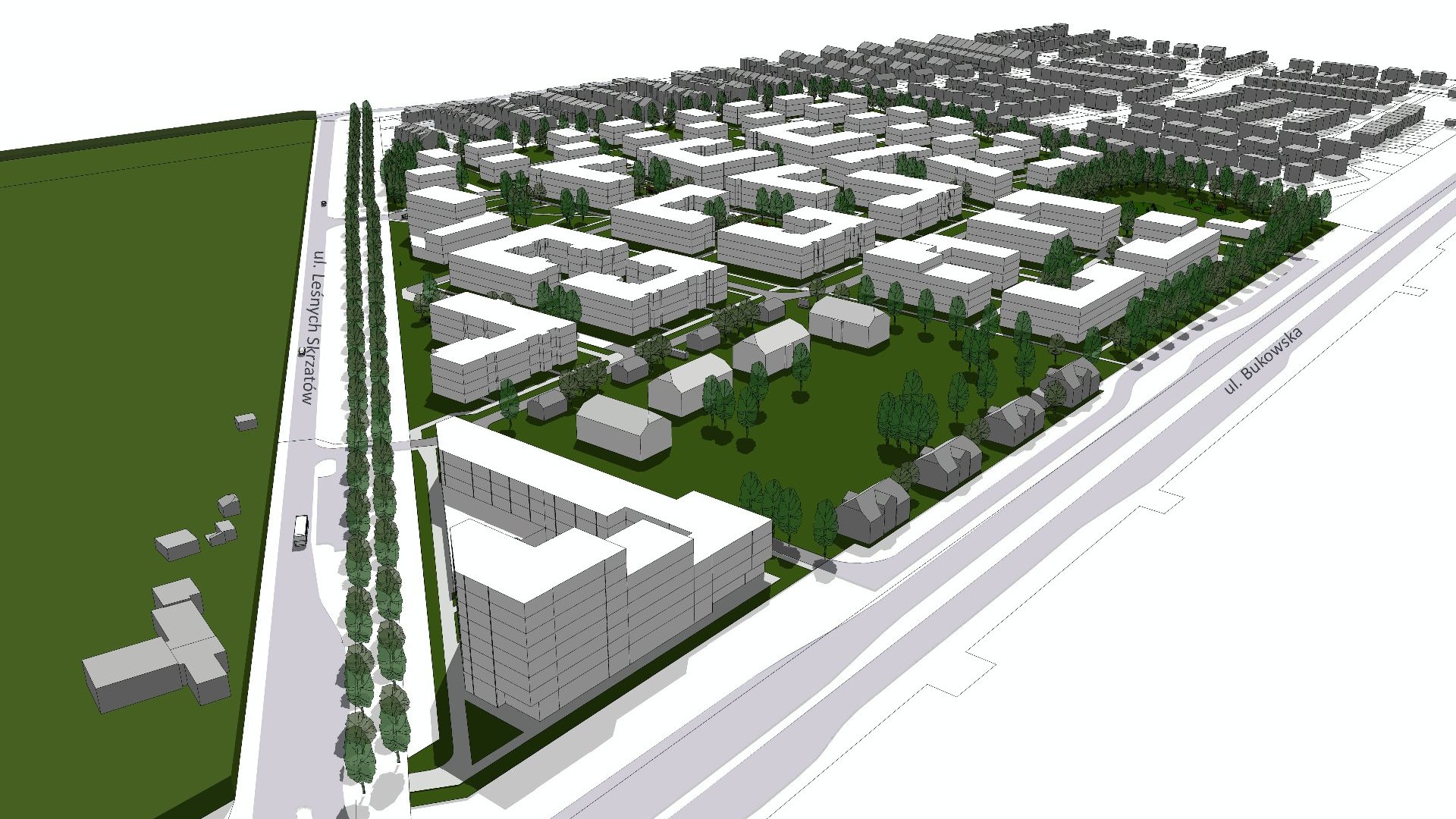 model 3D. Wizualizacja przedstawia widok z góry. Bryły istniejącej i projektowanej zabudowy. Kolorem zielonym podkreślono tereny zieleni i drzewa.