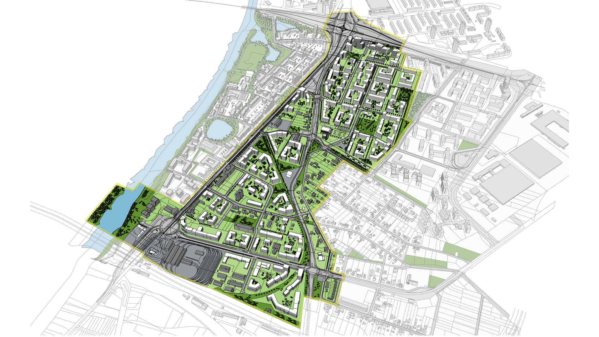 model 3D. Wizualizacja przedstawia widok z góry. Bryły istniejącej i projektowanej zabudowy. Kolorem zielonym podkreślono tereny zieleni i drzewa. Niebieskim kolorem zaznaczono wody, w tym rzekę. - grafika artykułu