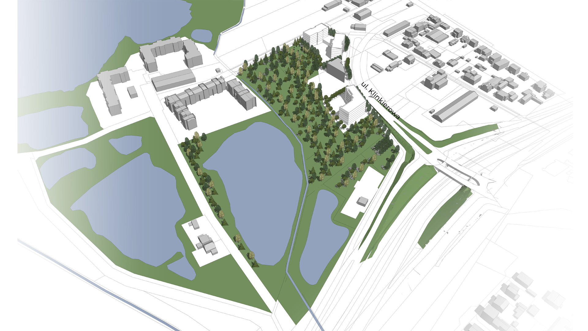 model 3D. Wizualizacja przedstawia widok z góry. Bryły istniejącej i projektowanej zabudowy. Kolorem zielonym podkreślono tereny zieleni i drzewa. Niebieskim kolorem zaznaczono wody. - grafika artykułu