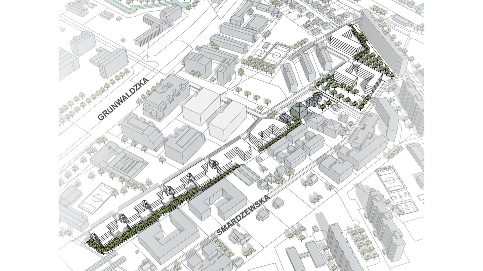 Propozycja zagospodarowania terenu według projektu mpzp (etap - wyłożenie do publicznego wglądu) - model przestrzenny - grafika artykułu